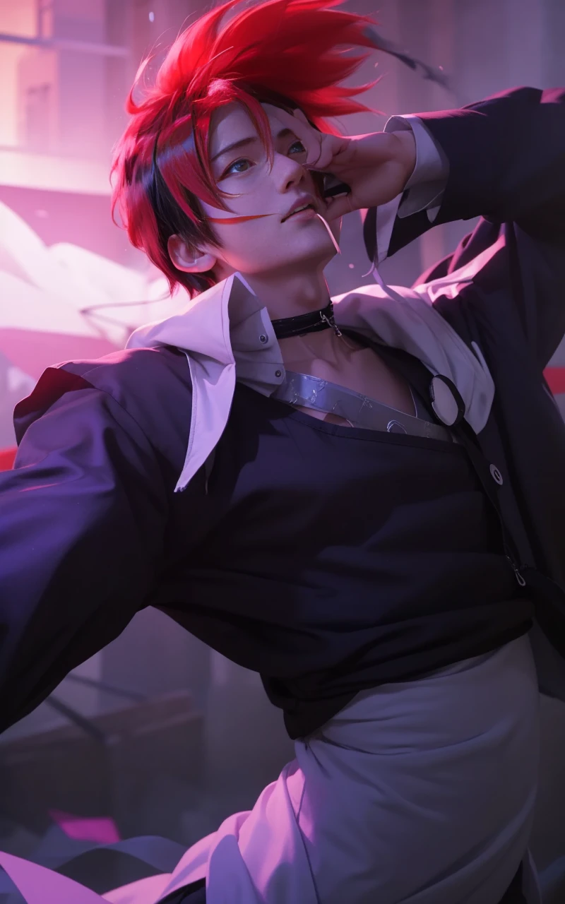 1male, menma in anime naruto shippuden, short hair , black hair, red eyes, handsome, blac clothes, realistic clothes, detail clothes, city background, ultra detail, realistic