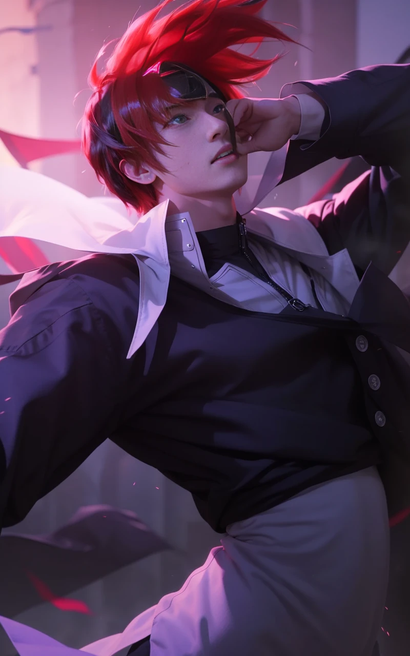 1male, menma in anime naruto shippuden, short hair , black hair, red eyes, handsome, blac clothes, realistic clothes, detail clothes, city background, ultra detail, realistic
