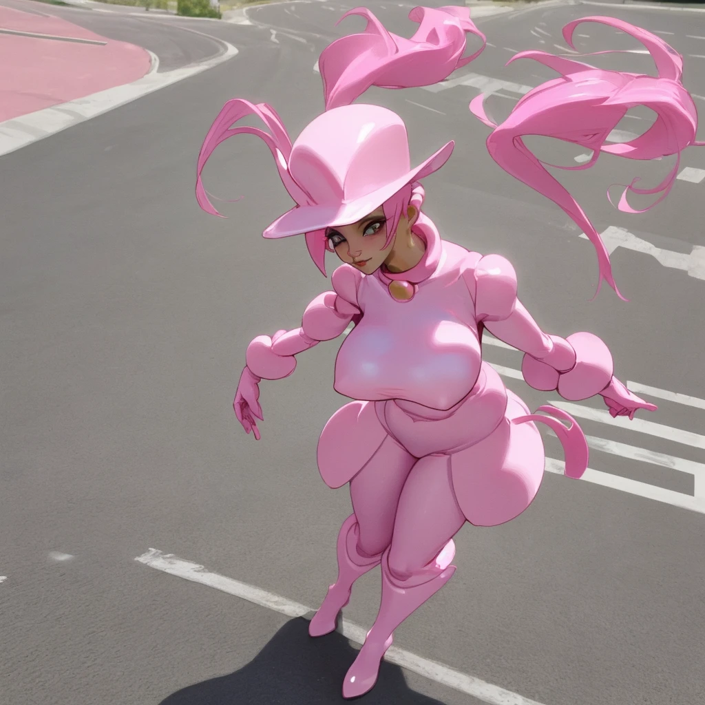 Sexy beutiful woman standing on road wearing pink yop fair body
