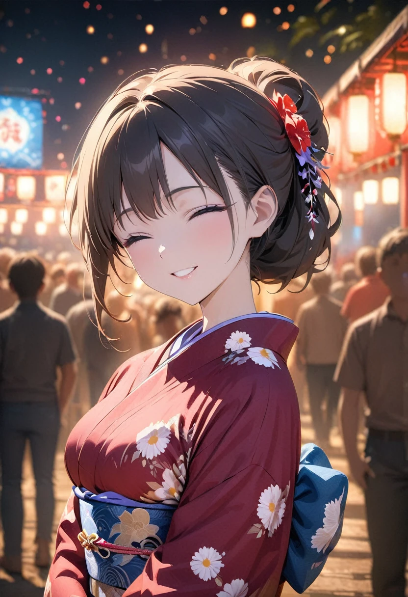 (best quality,8k,highres, masterpiece:1.2), (anime style),ultra-detailed, HDR, UHD, studio lighting, ultra-fine painting, sharp focus, physically-based rendering, extreme detail description, professional, vivid colors, bokeh, portraits, concept artists, warm color palette, dramatic lighting,Summer festival night,1 beautiful woman,(kimono),updo, big smile, closed eyes, (The cityscape lined with the fairs of summer festivals),(beautiful hair, glowing skin,),full body,(Silhouette of a passing crowd),(anime style),(fireworks in sky background)