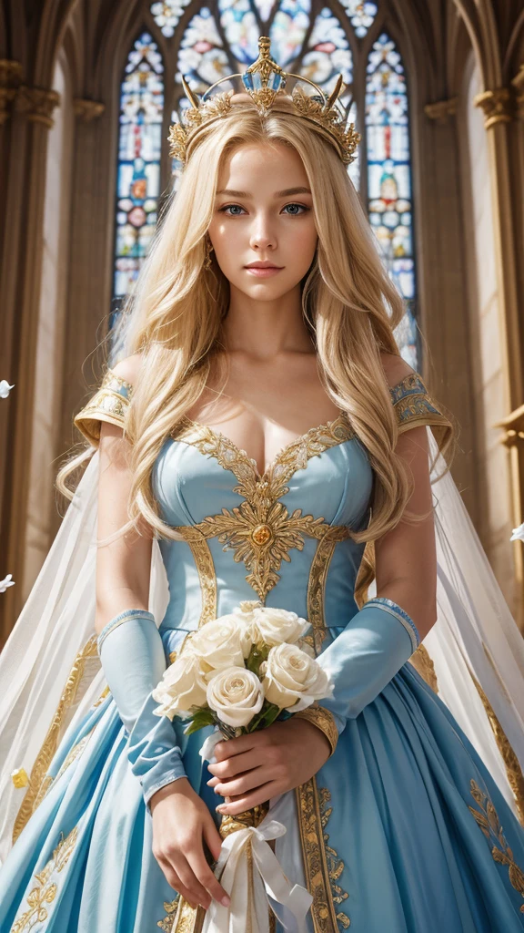 A stunning portrait of a regal woman with flowing blonde hair, wearing a majestic crown and a white and blue gown with golden armor. She holds a sword with both hands, symbolizing strength and purity. The background is ethereal, with doves flying and white roses blooming around her, set against a backdrop of a grand cathedral window. The image is highly detailed with a divine and angelic atmosphere, capturing the essence of a holy warrior.