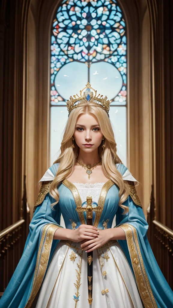 A stunning portrait of a regal woman with flowing blonde hair, wearing a majestic crown and a white and blue gown with golden armor. She holds a sword with both hands, symbolizing strength and purity. The background is ethereal, with doves flying and white roses blooming around her, set against a backdrop of a grand cathedral window. The image is highly detailed with a divine and angelic atmosphere, capturing the essence of a holy warrior.