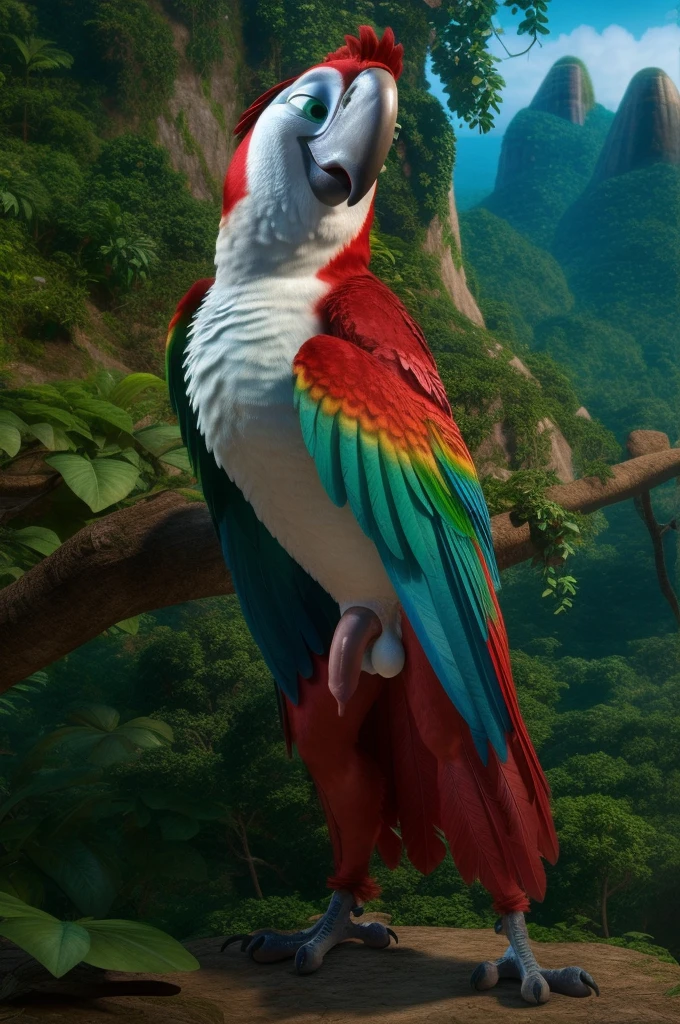 ((NSFW, sexual)), rio movie, jungle landscape, felipe a male Scarlet macaw avian, ((anthro)), human body, furry, feathered arms, ((exposing tapering penis, testicles)), standing, green eyes, bedroom eyes, seductive, realistic, digitigrade legs, detailed eyes