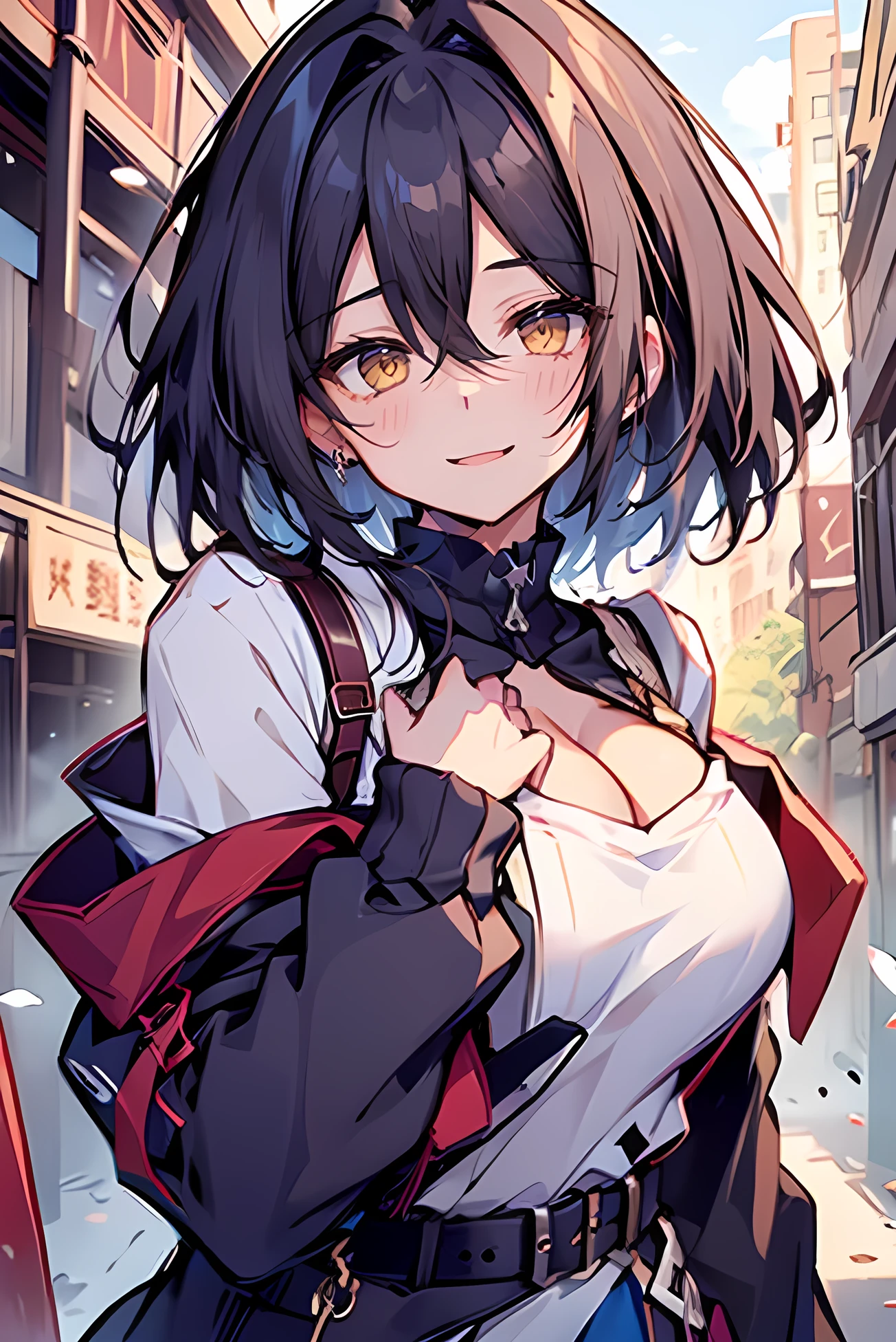 hui xiyi, rekkyo sensen, rekkyou sensen, 1 girls, black hair, tits cleavage, waving, breasts close up, suspenders, dress,1girl, bare shoulders, belt, frills shirt, white knit sweater, exposed breasts, straps, upper body, hoodies, fur clothes, long hair, nun, long sleeves, perfect hands, perfect fingers