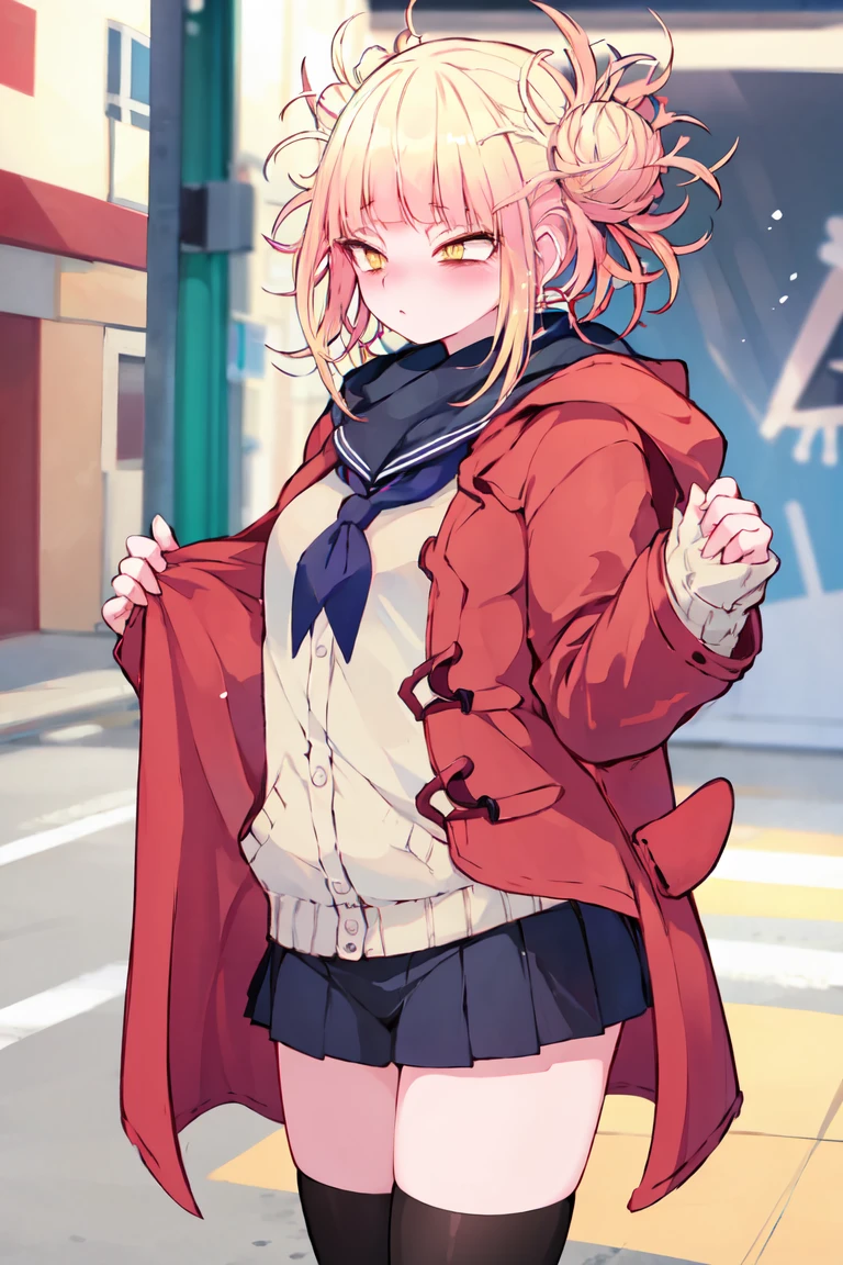 (masterpiece、top-quality:1.2), Winter coast, Front view,cowboy shot, solo, 1girl in, deadpan, a closed mouth, red hair, blonds hair, yellow eyes,half undress, Undressing, Black long coat, Micro Bikini, embarrassed, public indecency