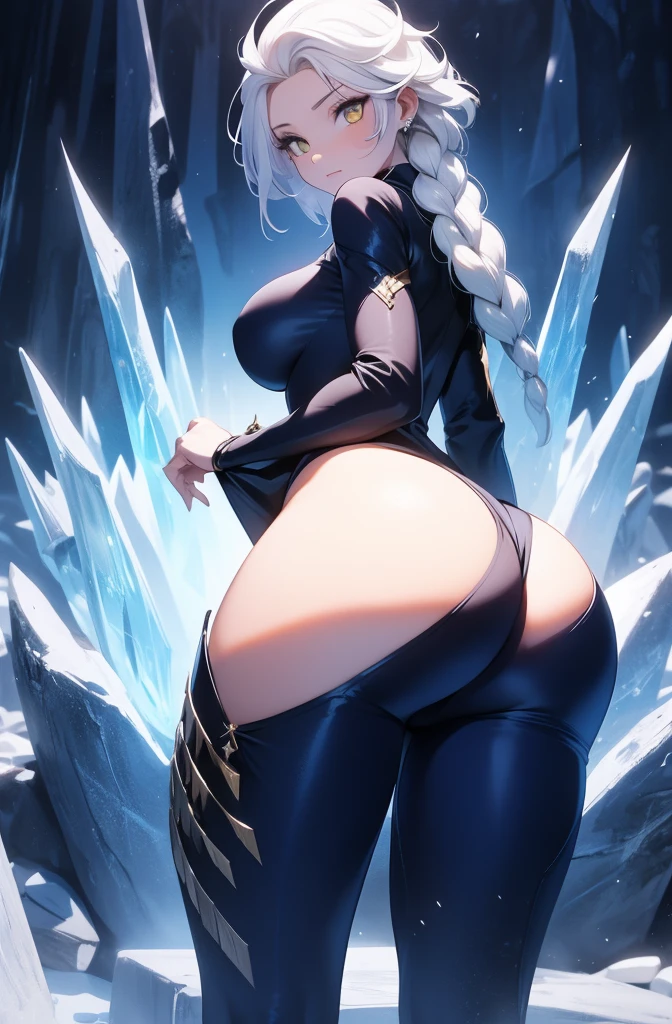 female, solo, young,  body, voluptuous figure, tightsuit, white hair, decolored blonde hair, ice effects around, ice queen, beautifull face, long hair, defined body, yellow and bright eyes, thick legs, strong legs, tall, Voluptuous legs, huge , big hip, big , female sorcerer, blue and black robes,