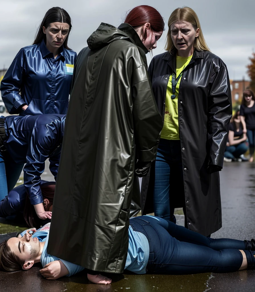 theatralic first-aid-drama, an outdoor scene in autumn in the background, rainy weather scene, injury scene, a man has fallen and is lying injured on the ground, women are caring for a fallen man that is lying injured on the ground, several women are attending to the injured man on the ground, women in shiny and wet coats are taking care for a lying male injury victim, several women in very high shine leather clothing, several women are giving medical treatment to a wounded man in a street, accident, first aid, help to a wounded man, first aid for an injured male, an injured man on the ground in matte jeans and cotton shirt, a man in jeans and shirt is lying on the ground and writhing in intense pain, there is an injured man lying in pain on the ground and covering his agonised and suffering face with his hands, several women are giving first aid to an injured man who is lying in pain on the ground, all the women beside the injured lying man are wearing very shiny waterproof clothes, dramatic action scene, hyperrealistic, photorealistic, photo, ultra realistic, theatralic pity pose, celebrating first aid, all of the women are looking very concerned and sad, the shocked women have tears in their eyes, the women are looking very furious and are desperately shouting out for help