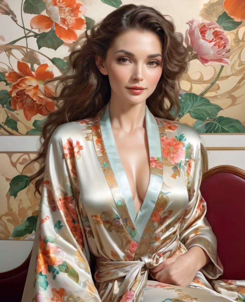 (masterpiece), 1 woman, drinks tea, a beautiful silk robe in flowers is thrown over the shoulders, the robe is unbuttoned so that pussy hairs are visible:1.5), Smile on his face, legs positioned to seduce men, one knee pulled to the side, ethereal and beautiful Hugo Boss model from the 1940s.., Beautiful painting with a very detailed face by Alphonse Mucha.., Craig Mullins, Greg Rutkowski, Magali Villanueva, (The most beautiful picture), the whole body is visible, sexy pose, ideal body shape, view from waist level, luxury bedroom and interior