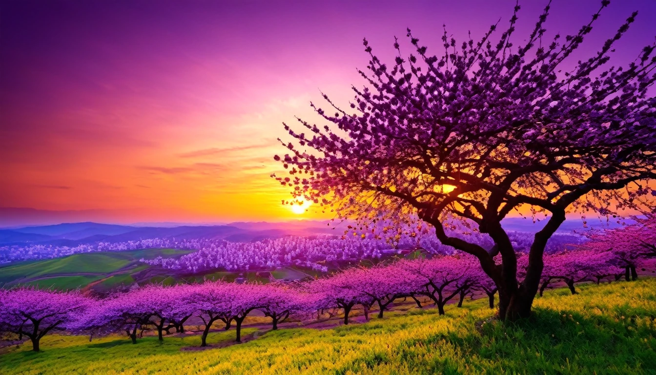 purple cherry blossom against sunset, really beautiful nature, cherry blossom in full bloom, purple beautiful sky, purple and yellow sunset, fantastic landscape, highly detailed