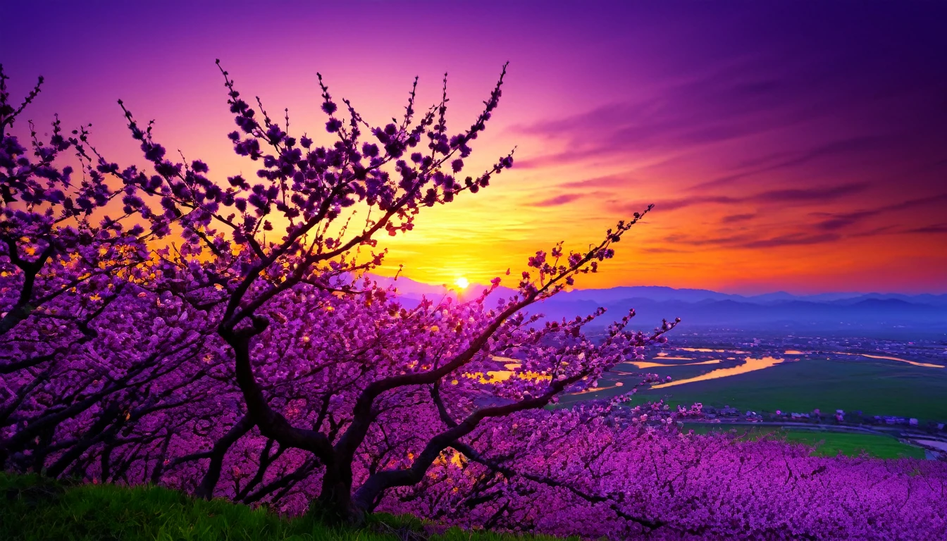 purple cherry blossom against sunset, really beautiful nature, cherry blossom in full bloom, purple beautiful sky, purple and yellow sunset, fantastic landscape, highly detailed