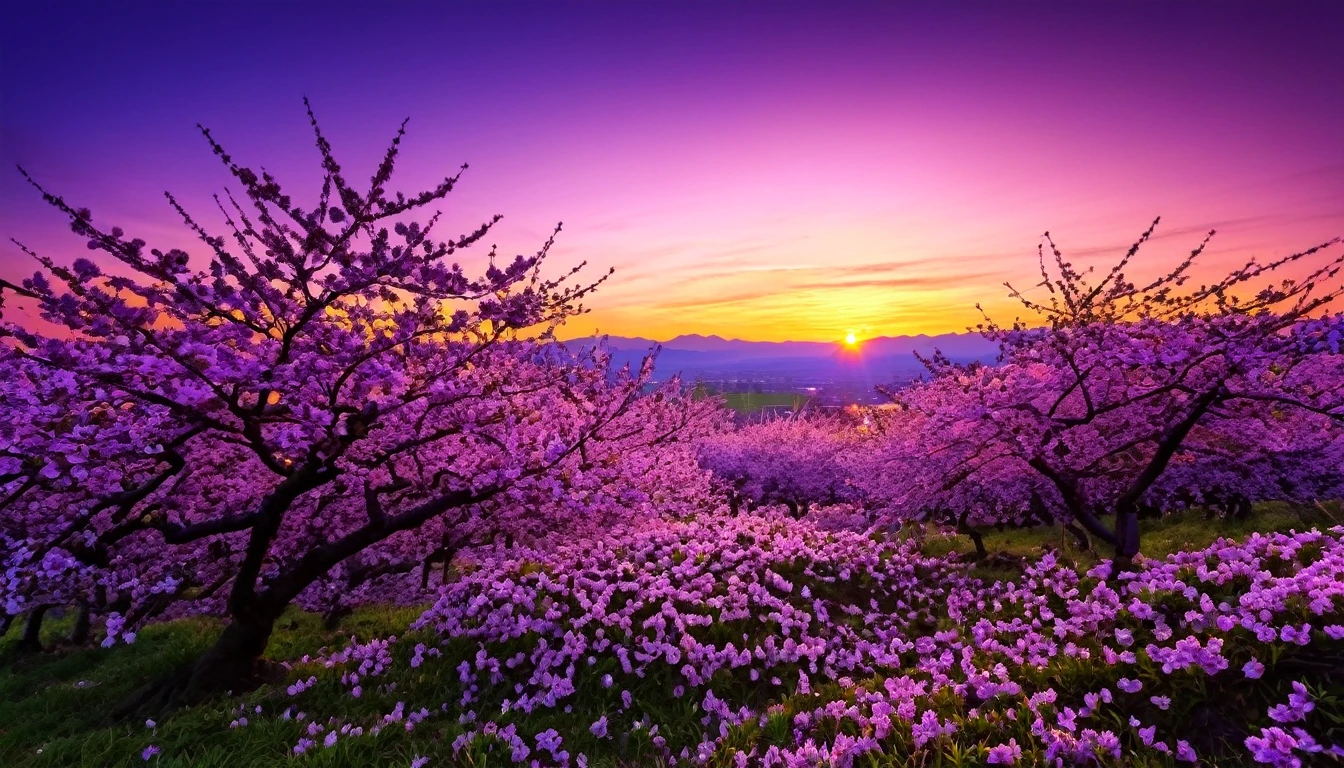 purple cherry blossom against sunset, really beautiful nature, cherry blossom in full bloom, purple beautiful sky, purple and yellow sunset, fantastic landscape, highly detailed