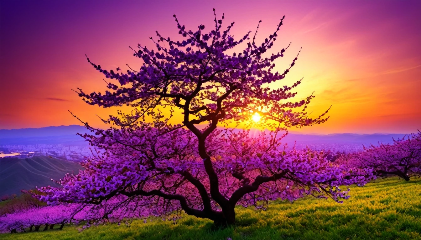 purple cherry blossom against sunset, really beautiful nature, cherry blossom in full bloom, purple beautiful sky, purple and yellow sunset, fantastic landscape, highly detailed