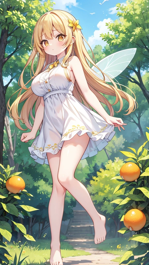 Showing the whole body, cute, baby face, big breasts, flying in the sky, in the forest, simple white dress, long hair, alone, short, fairy wings, honey blonde hair, lemon tree, orange eyes, barefoot