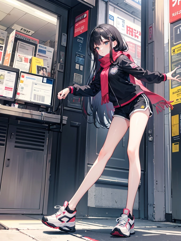 1girl,,legwear,,anklet,black hair,straight_hair,hime cut,long hair,sneakers,huge filesize,scarf,shorts