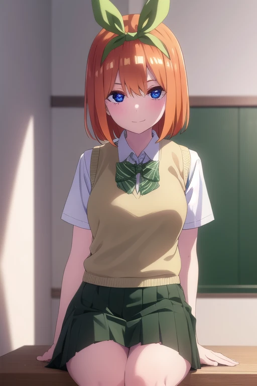 yotsubanakano, bangs, short hair, blue eyes, hair between eyes, hair ribbon, headband, orange hair, green ribbon, smile,
BREAK ribbon, white shirt, short sleeves, pleated skirt, shoes, collared shirt, miniskirt, black shoes, knee-high stockings, green skirt, black socks, loafers, green bow, sweater vest, green ribbon,
REST looking at the viewer, full body,
BREAK (masterpiece: 1.2), best quality, high resolution, Unity 8k wallpaper, (artwork: 0.8), (beautiful detailed eyes: 1.6), extremely detailed face, perfect lighting, extremely detailed CG (perfect hands, perfect anatomy ),