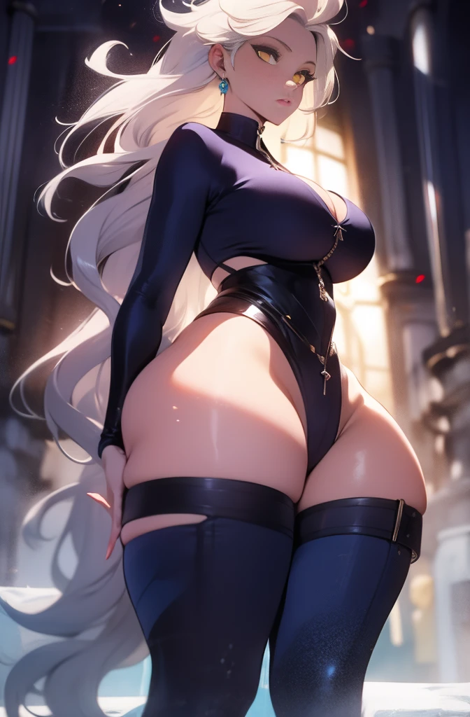 female, solo, young, sexy body, voluptuous figure, tightsuit, white hair, decolored blonde hair, ice effects around, ice queen, beautifull face, long hair, defined body, yellow and bright eyes, thick legs, strong legs, tall, Voluptuous legs, huge ass, big hip, big ass, female sorcerer, blue and black robes,