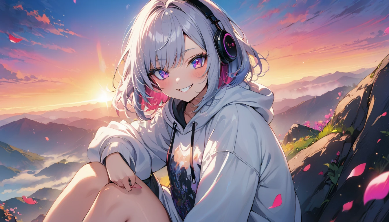 ((Masterpiece)), ((best quality)), (Anime:1.3), (super detail:1.2), (High Definition:1.3), (Professional Photography:1.3),cute young Girl, Glossy unruly hair, (loose swept bangs), (silver ash hair), medium hair, big eyes, (Eye bags:1.3), (Long eyelashes), colorful eyes, (evil smile and blush), Glossy lips, (jagged teeth), ((white hoodie with oversized)), barearms, cute, (Hold the spray can in hand), (colorful:1.3), gothic makeup, (sitting on the edge), colorful petals dance around her, beautiful sunset, Peter Benjamin Graham, a wanderer on a mountain, wearing headphones,