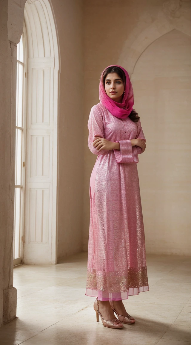 Request a high-resolution (8K) image of a graceful young woman adorned in a pink chiffon traditional Pakistani Shalwar Kameez, complemented with a Dupatta. The portrait should be a half-body view, capturing the intricate designs and vibrant colors of the dress, highlighting the elegance and beauty of both the attire and the person wearing it. The focus should be on the richness of the fabric, the elegance of the pattern, and the way the outfit gracefully complements her poise. The model should be facing the camera with her arms crossed. Additionally, she should be wearing an Arabic hijab. The background should be subtly blurred with a green hue to emphasize her and her traditional attire.
---