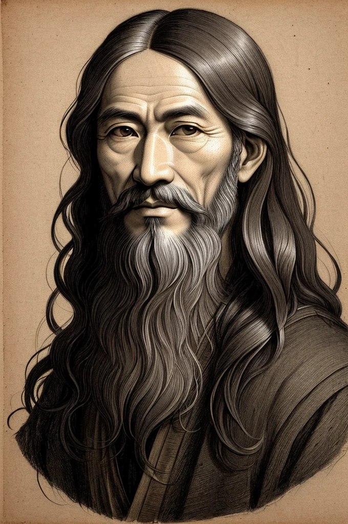 A masterful and intricate antique linear drawing on old textured paper, reminiscent of the artistic style of Leonardo da Vinci, reflects the essence of an elderly Asian man with a wide face, lush long hair, small nose, cunning and kind eyes, his careless beard and mustache create a serene expression, and a contemplative demeanor invites the viewer to reflect on the depths of his wisdom and experience. Works of art made with old red ink or pencil have faded in places, and the strokes are barely noticeable, in places they are usually preserved on ultratextured old paper, they remind of the aesthetics of antiquity, further strengthening the viewer's connection with the deep wisdom of the subject. This work of art is a testament to the enduring power of human expression and the timeless beauty of Da Vinci's style, simple and inventive