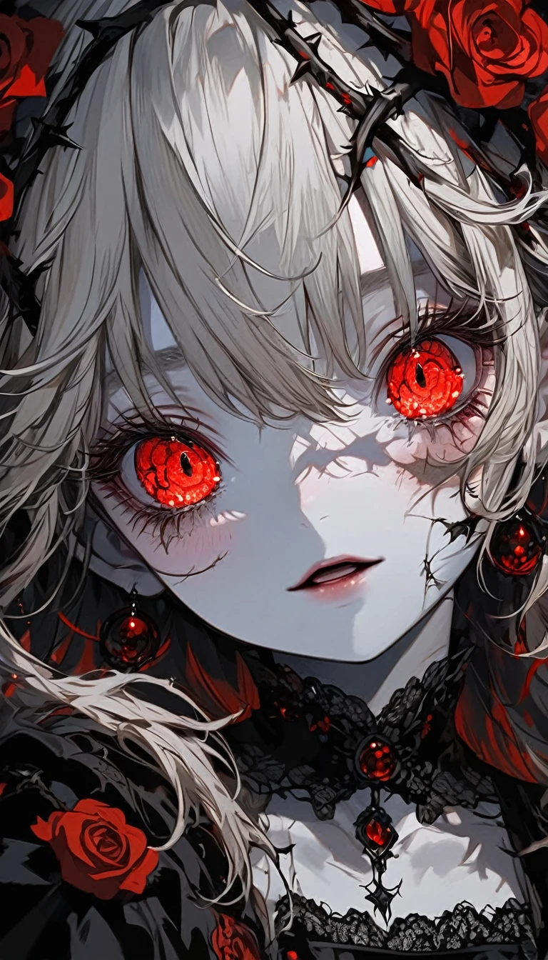 Pale painting style, one girl, long white shaggy, fluffy hair, long bangs between eyes, eyes slightly hidden by bangs, large pale red eyes, staring eyes, red eye shadow, long eyelashes, light smile, slightly open mouth, doll-like white skin, bright red roses and thorns tangled in hair, Black gothic dress, beautiful black lace, dark background, lots of red roses in bloom, super high quality, super detail, super detailed image, close-up of face,