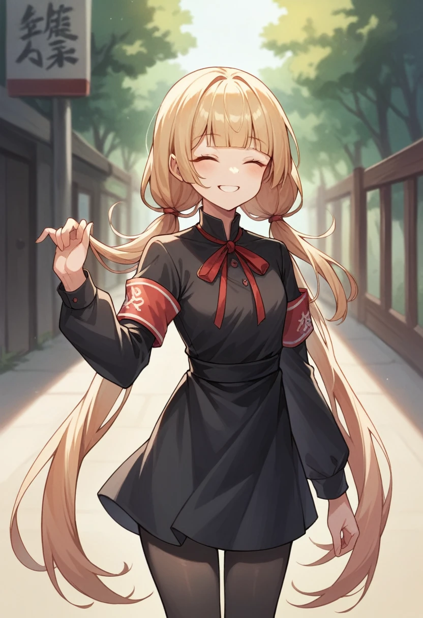 masterpiece, Highest quality, High resolution, bbmiko-san, Long Hair, Low twin tails, Blunt bangs, clavicle, Neck ribbon, Red ribbon, Black Dress, Black Shirt, Long sleeve, Black sleeves, Armband, Black Pantyhose, Are standing, Cowboy Shot, Outdoor, smile, Mouth closed