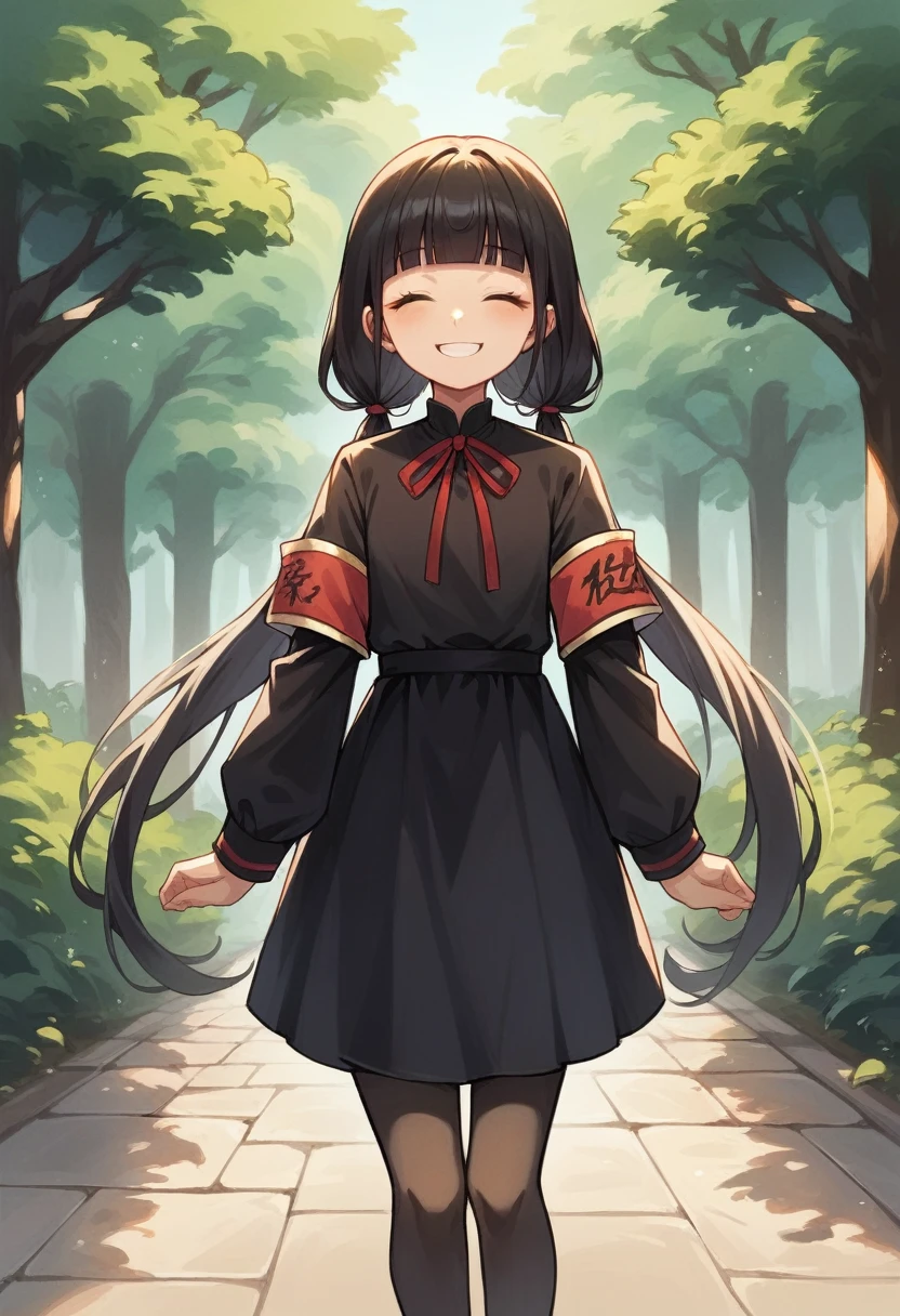 masterpiece, Highest quality, High resolution, bbmiko-san, Long Hair, Low twin tails, Blunt bangs, clavicle, Neck ribbon, Red ribbon, Black Dress, Black Shirt, Long sleeve, Black sleeves, Armband, Black hose, Are standing, Cowboy Shot, Outdoor, smile, Mouth closed