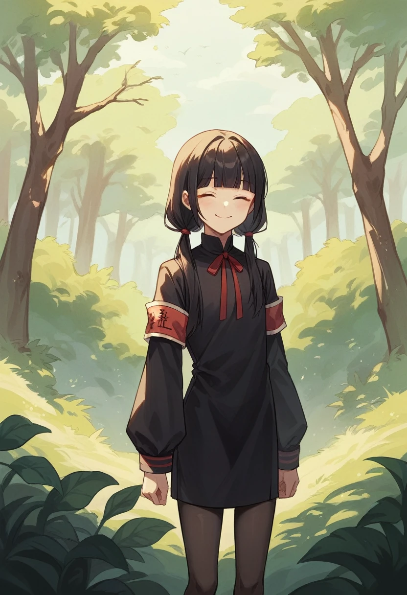 masterpiece, Highest quality, High resolution, bbmiko-san, Long Hair, Low twin tails, Blunt bangs, clavicle, Neck ribbon, Red ribbon, Black Dress, Black Shirt, Long sleeve, Black sleeves, Armband, Black Pantyhose, Are standing, Cowboy Shot, Outdoor, smile, Mouth closed