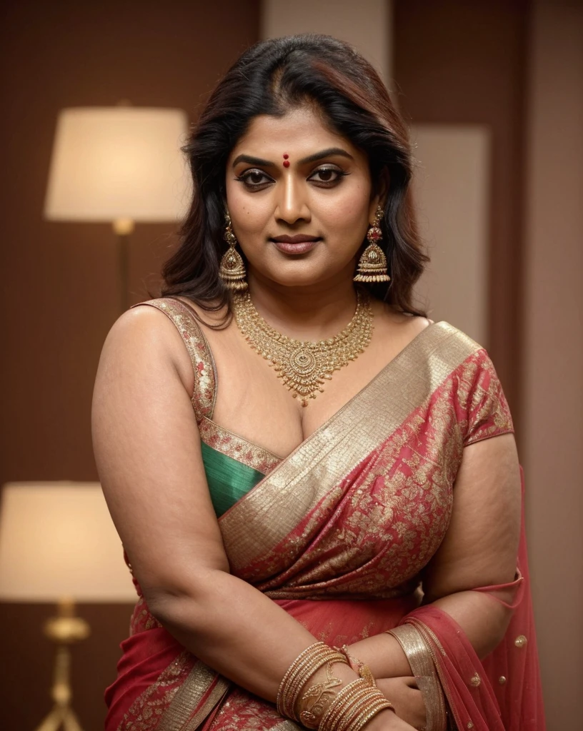 Looks like Indian Actress khushboo Sundar, actress khusbu Sundar, mallu, mallu aunty, desi aunty, full figured mature beauty, attractive figure, desi milf, desi aunty, a close up of a woman in a red dress on a runway, inspired by Avigdor Arikha, sleek!!!, indian super model, wavy hair combed to one side, actress, by Jitish Kallat, smoldering, intense smoldering, fashion, an angel, print ready, with a dramatic looking, inspired by Sudip Roy, tense look