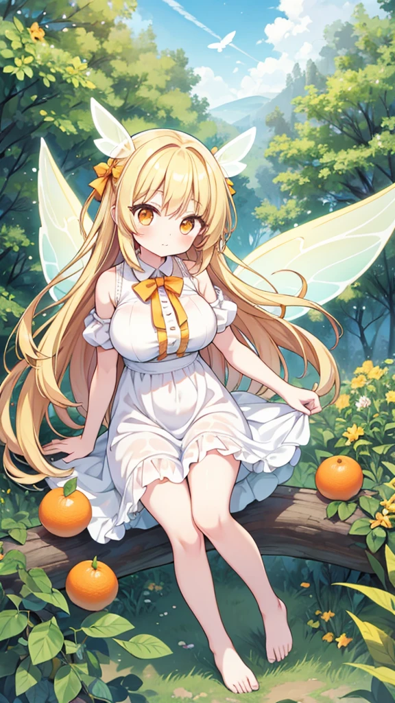 Full body, cute, baby face, big breasts, flying in the sky, in the forest, simple white dress, long hair, alone, short, fairy wings, honey blonde hair, citrus tree, orange eyes, barefoot