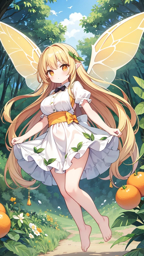 Full body, cute, baby face, big breasts, flying in the sky, in the forest, simple white dress, long hair, alone, short, fairy wings, honey blonde hair, citrus tree, orange eyes, barefoot