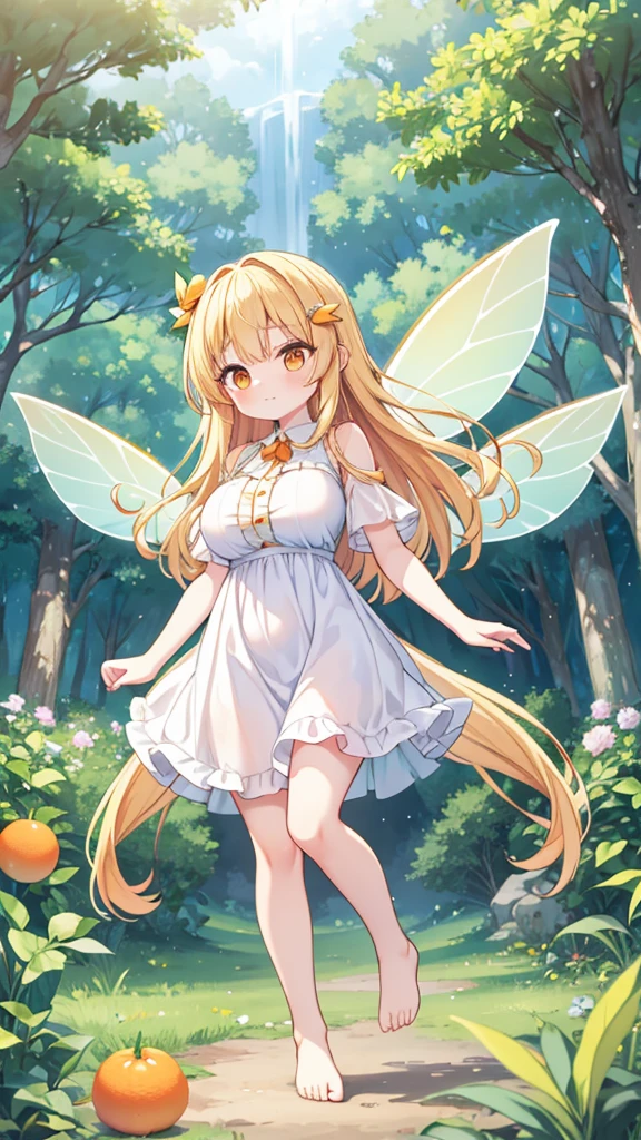 Full body, cute, baby face, big breasts, flying in the sky, in the forest, simple white dress, long hair, alone, short, fairy wings, honey blonde hair, citrus tree, orange eyes, barefoot
