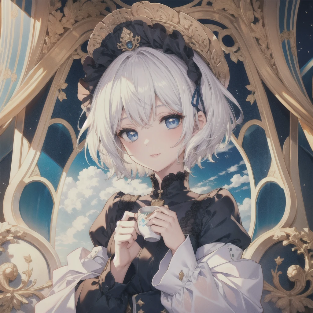 (masterpiece, Highest quality:1.2), One Girl, alone　(((White Hair　Short Hair　blue eyes　noble)))　((Noble clothes　Drinking tea))　(smile)　Shining Edge