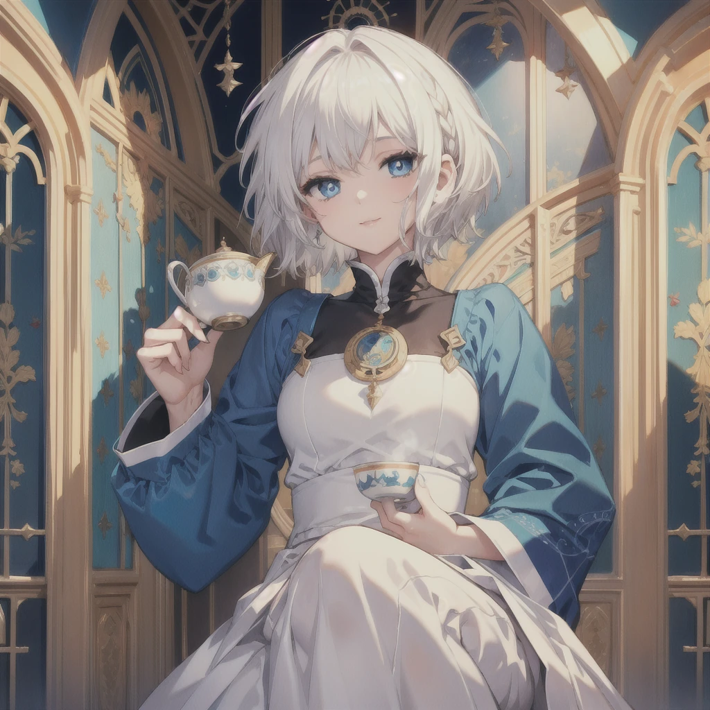 (masterpiece, Highest quality:1.2), One Girl, alone　(((White Hair　Short Hair　blue eyes　noble)))　((Noble clothes　Drinking tea))　(smile)　Shining Edge