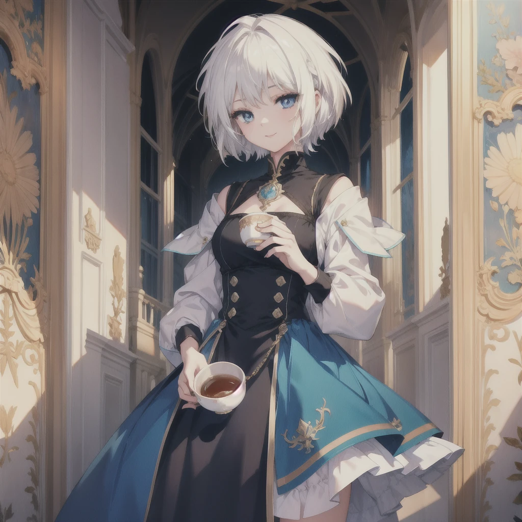 (masterpiece, Highest quality:1.2), One Girl, alone　(((White Hair　Short Hair　blue eyes　noble)))　((Noble clothes　Drinking tea))　(smile)　Shining Edge