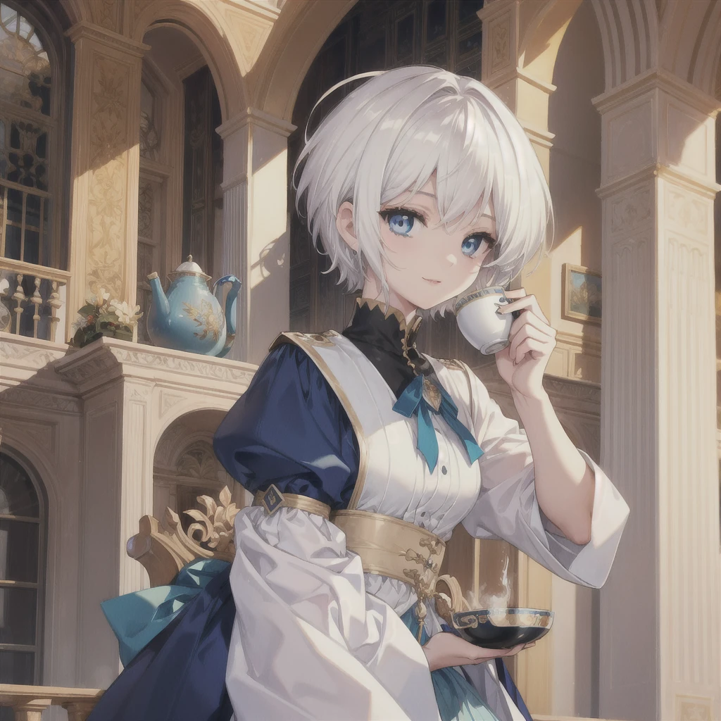 (masterpiece, Highest quality:1.2), One Girl, alone　(((White Hair　Short Hair　blue eyes　noble)))　((Noble clothes　Drinking tea))　(smile)　Shining Edge