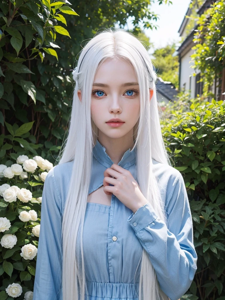 Long white hair, blue eyes, serious features, white skin, loose style, in a garden
