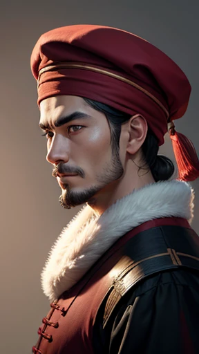 alone、Oriental、Man in ancient Chinese costume、((Ancient Chinese hairstyle with a large plain white beret loosely covering the head like a turban))、Highest quality、masterpiece、Ultra-high resolution、(Realistic:1.4)、Game Poster、Crisp and beautiful image quality、[[Nose beard]],