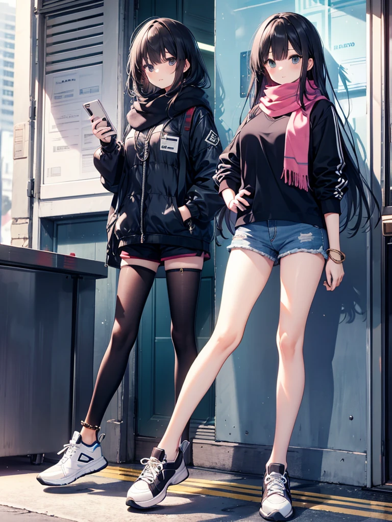 1girl,,legwear,,anklet,black hair,straight_hair,hime cut,long hair,sneakers,huge filesize,scarf,shorts