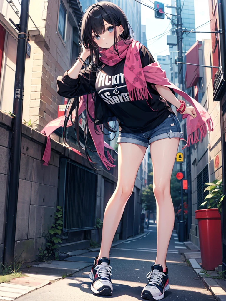 1girl,,legwear,,anklet,black hair,straight_hair,hime cut,long hair,sneakers,huge filesize,scarf,shorts