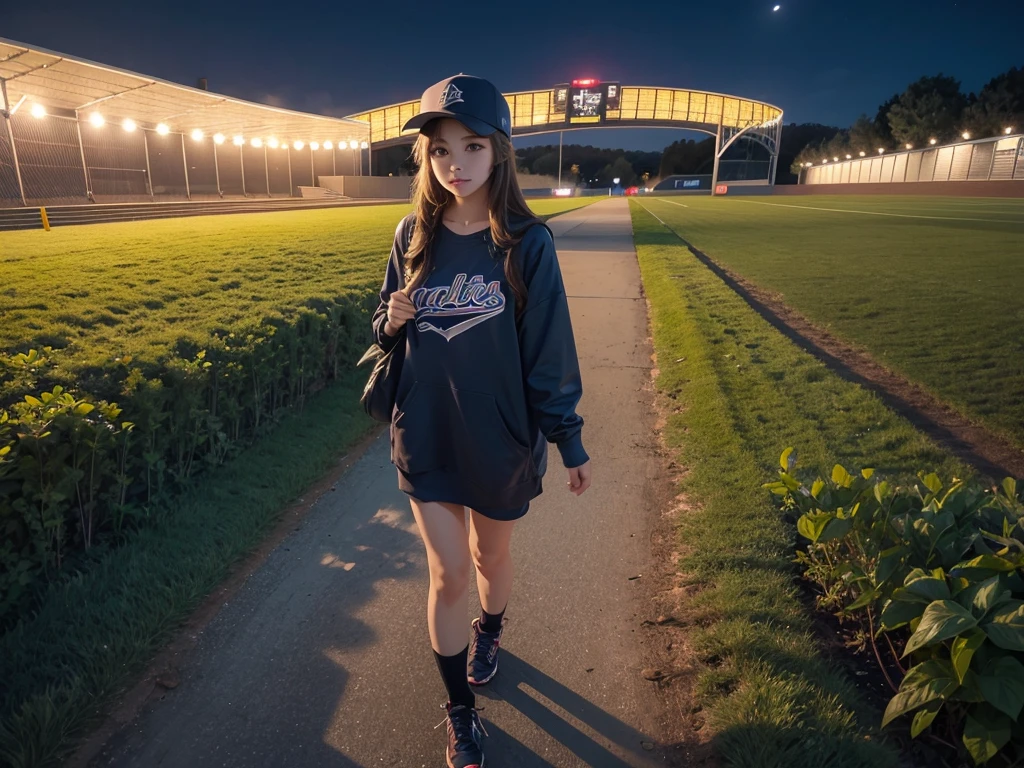 1 beautiful girl,Walk on the field path,night,With a baseball cap,It's drizzling,Back