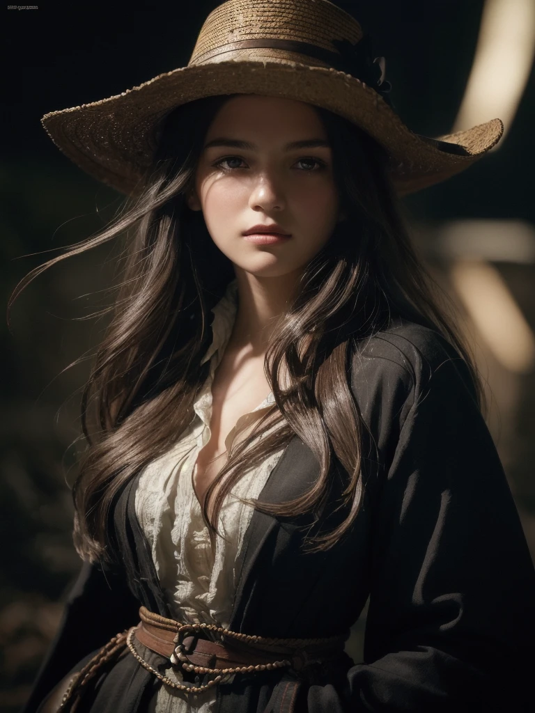 (Front Focus), (In the Dark:1.6), Hyperrealist Female Portrait by David Hockney and Alphonse Mucha, Fantasy art, Photo Real, Dynamic Lighting, Art Station, Poster, Volumetric lighting, Highly detailed face, 4k yen, Awards, One girl, In the Dark, Deep Shadow, Modest, Cowboy Shot, (Official attire:1.4), Long Hair, Gray Hair