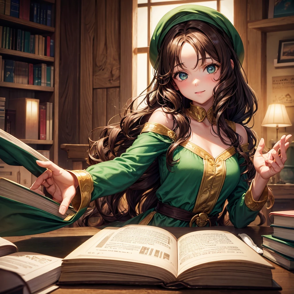 Girl at the table, 25 years, long curly brown hair, bright green eyes, who glow with warmth and enthusiasm 
, looks straight, slim build. In the hands of a book