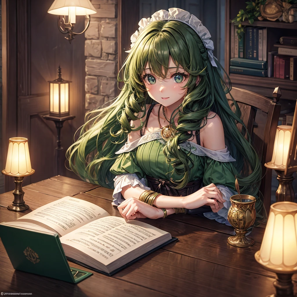Girl at the table, 25 years, long curly brown hair, bright green eyes, who glow with warmth and enthusiasm
, looks straight, slim build. In the hands of a book