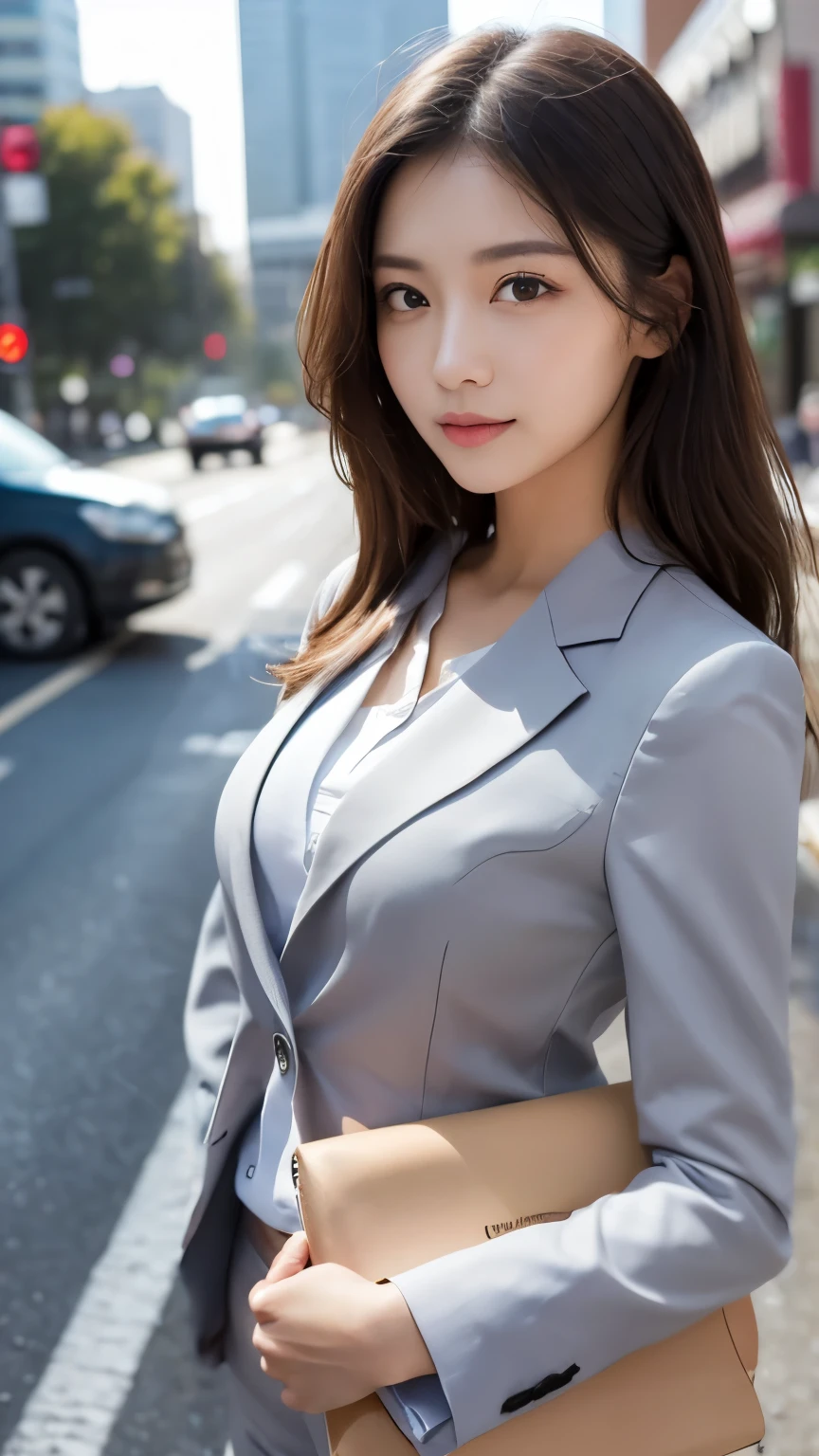 Gray business suit:1.3、Women who can work、Are standing、