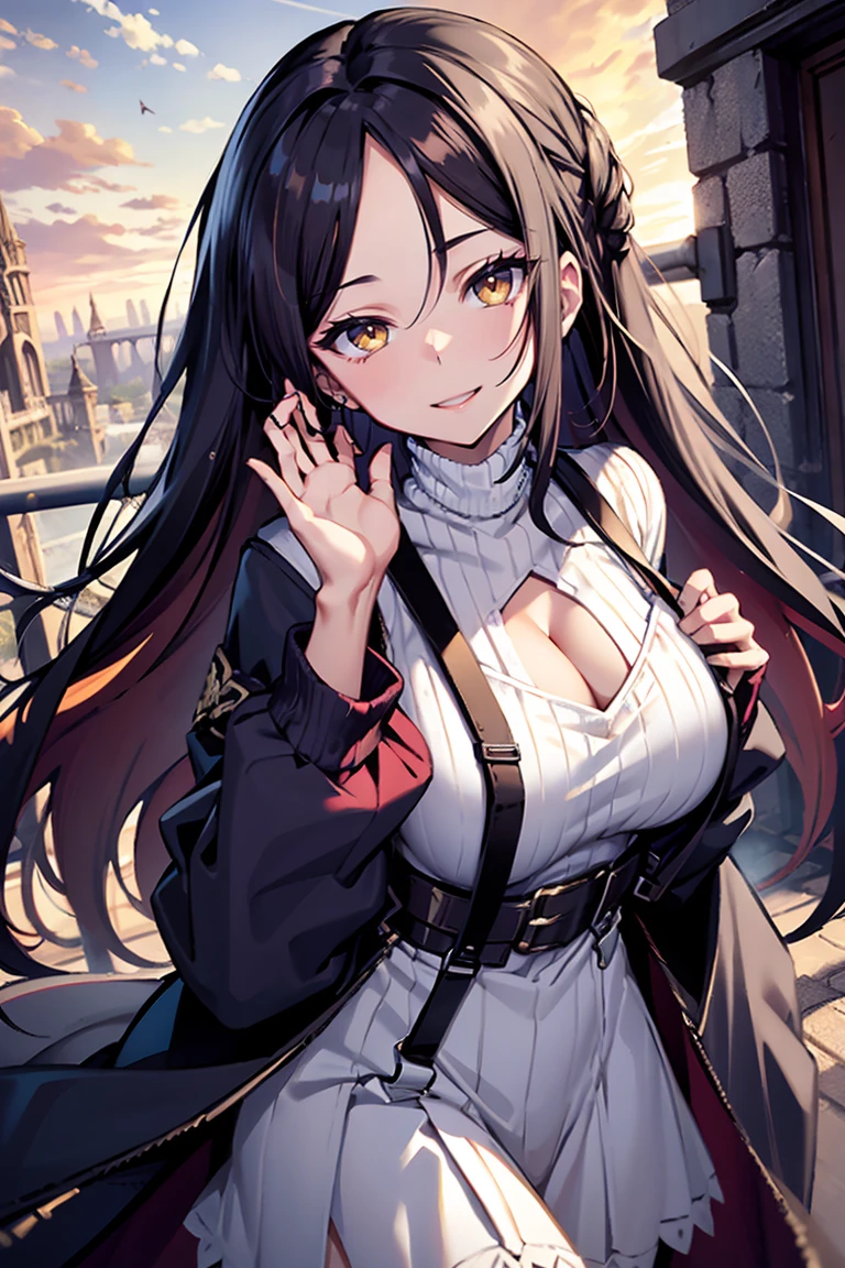 (masterpiece:1.2), (high quality:1.2), (hui xiyi:0.75), rekkyo sensen, rekkyou sensen, girls with((black hair, (tits cleavage:1.15), (waving is hands:1.2), (breasts close up:1.15), (suspenders:1.2), (dress:0.65), (blue clothes:1.05), (belts:0.7), (frills shirt:1.2), (white knit sweater:1.2), camisole, exposed breasts, straps, (turtleneck clothes:1.1), (cross:1.05), (single tights:1.2), (long wavy hair:1.2), (one side up:1.2), nun, long sleeves, (perfect hands:1.05), (five fingers:1.05))), background with((fantasy world, ruin, castle, beautiful sky, shining sky, sunshine))