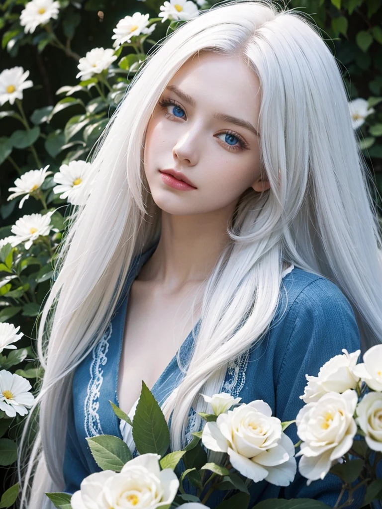 Long white hair, blue eyes, serious features, white skin, loose style, in a garden, with flowers