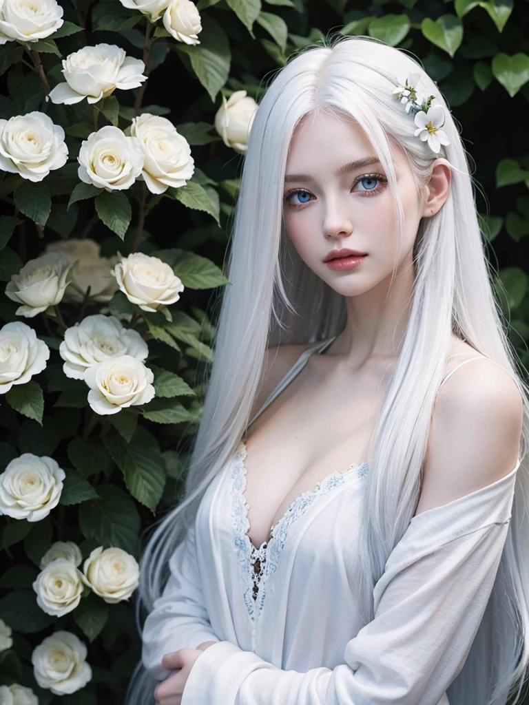 Long white hair, blue eyes, serious features, white skin, loose style, in a garden, with flowers