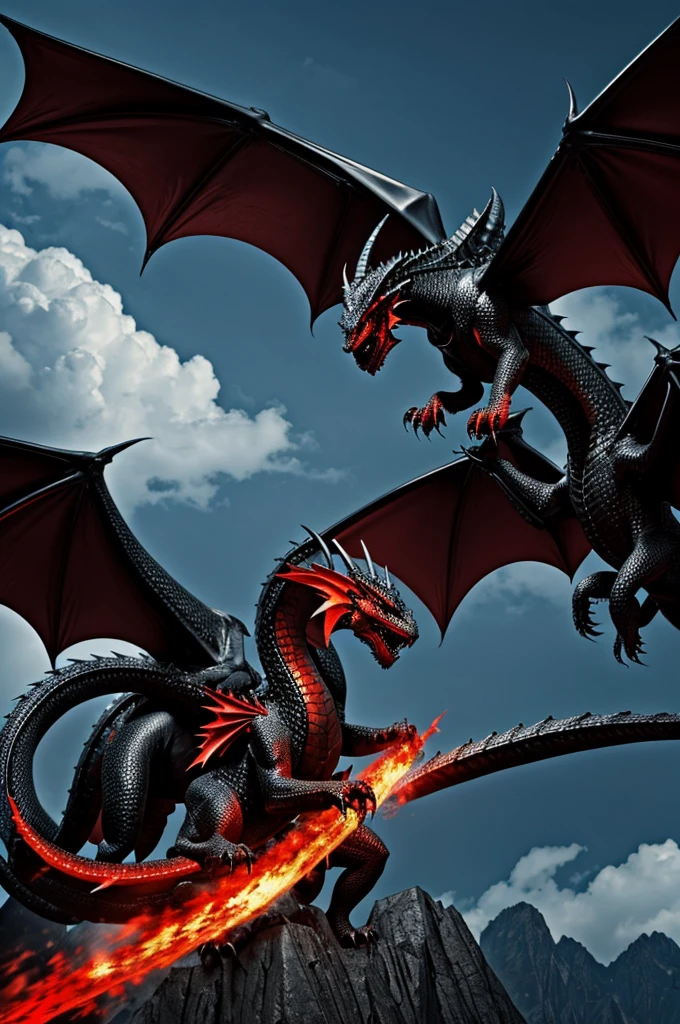 Two dragons, clashing in the skies. The first dragons has a red scales and is bigger than the black dragon has a rider the Demon King. The other dragon smaller and has black coloered scales, and has a rider a black knight with a black cape. Both of the dragons are falling down with their riders. The black dragon is bitting the red dragon om its neck. While the red dragon is bitting the black dragon on its wings.