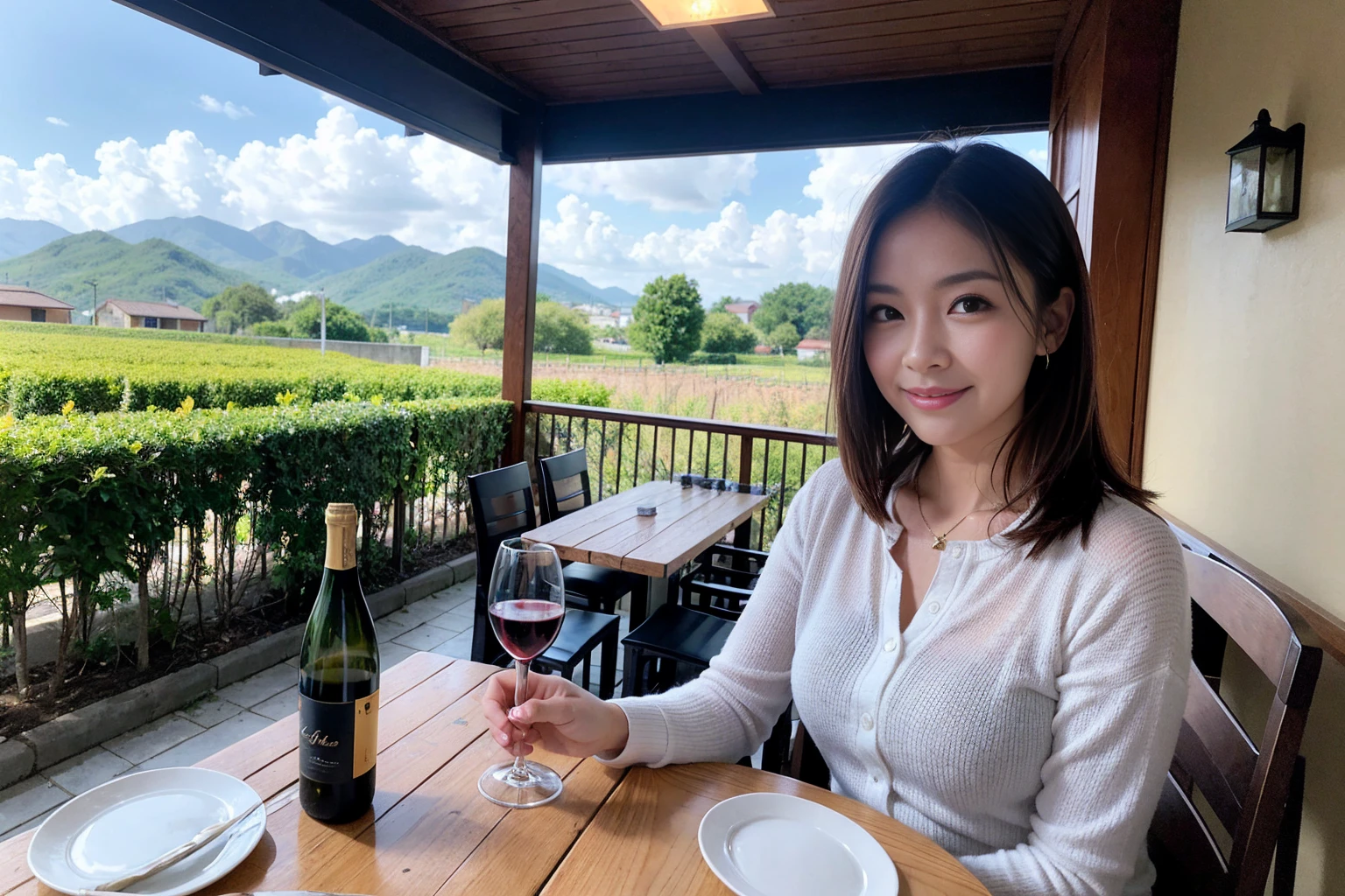 ((Highest quality、8K、masterpiece:1.3))、Sharp focus:1.2、Beautiful woman perfect body:1.4、slimなボディ、((Bob Hale、Straight hair:1.2))、(to be born, Highest quality, masterpiece:1.5), (Realistic, Intricate details:1.2), テーブルにwine glass、Put the light on your face、 Amazing view of the sunset sky and clouds、Amazing mountain views、ニコニコ明るいsmile、smileの素敵な女性、Bright image、2. The beauty of wine, Beautiful Face, blue eyes, The light shines on your face, Blushing, short hair,Bright Face、Fox face、 (43 years old), 39 years old, Lady、red wine 、Appetizers、Italian food、Wine bottle、Champagne、sparkling wine、Two beauties、Brown Hair、Shortcuts、Long sleeve shirt、dress、Beautiful woman 1, (slimな顔), (The body is slim), (Brown Hair), (Shortcuts), cheeks turn a little red,Attractive beauty、, Out of the window, Beautiful and detailed night view.........., restaurant, In a prominent place (From the waist up) Nova Frog Style, actress, model, Upper Body, White wine, slim, wine glass, 真ん中に置かれたwine glass, smile, (smile: 1.15), Beautiful fine grain, Depth f/2,saturation, High Contrast, Strong light and shadow,Moist Body:1.5、3D texture、Delicate eyes、Brown Hair、The hair is very shiny、