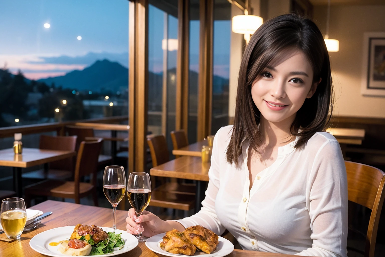 ((Highest quality、8K、masterpiece:1.3))、Sharp focus:1.2、Beautiful woman perfect body:1.4、slimなボディ、((Bob Hale、Straight hair:1.2))、(to be born, Highest quality, masterpiece:1.5), (Realistic, Intricate details:1.2), テーブルにwine glass、Put the light on your face、 Amazing view of the sunset sky and clouds、Amazing mountain views、ニコニコ明るいsmile、smileの素敵な女性、Bright image、2. The beauty of wine, Beautiful Face, blue eyes, The light shines on your face, Blushing, short hair,Bright Face、Fox face、 (43 years old), 39 years old, Lady、red wine 、Appetizers、Italian food、Wine bottle、Champagne、sparkling wine、Two beauties、Brown Hair、Shortcuts、Long sleeve shirt、dress、Beautiful woman 1, (slimな顔), (The body is slim), (Brown Hair), (Shortcuts), cheeks turn a little red,Attractive beauty、, Out of the window, Beautiful and detailed night view.........., restaurant, In a prominent place (From the waist up) Nova Frog Style, actress, model, Upper Body, White wine, slim, wine glass, 真ん中に置かれたwine glass, smile, (smile: 1.15), Beautiful fine grain, Depth f/2,saturation, High Contrast, Strong light and shadow,Moist Body:1.5、3D texture、Delicate eyes、Brown Hair、The hair is very shiny、